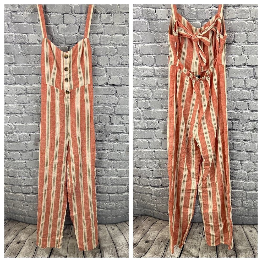 Romeo & Juliet Couture Romper Jumpsuit Linen Blend Red Stripes Tie Backā S